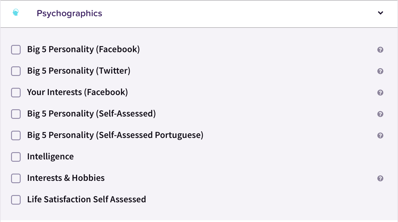 Drop down image of psychographic options on the CitizenMe Exchange platform which include Big 5 Personality (Facebook), Big 5 Personality (Twitter), Your Interests (Facebook), Big 5 Personality (Self-Assessed), Interest & Hobbies