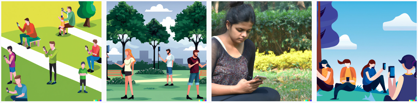 Source: DALL.E Prompt: humans in a park with smartphones