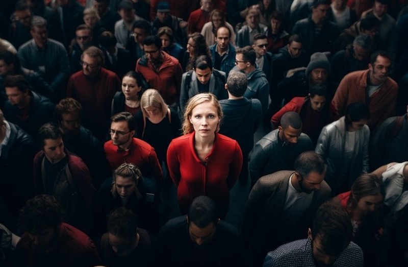 Lone female in red in a crowd of commuters Source: Midjourney