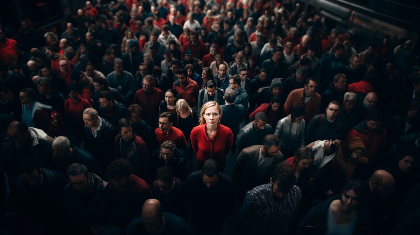 Lone female in red in a crowd of commuters Source: Midjourney